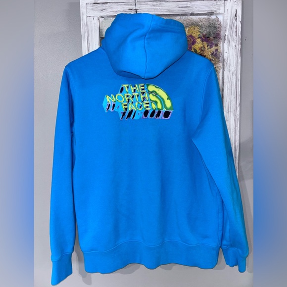 The North Face Distorted HD Logo Hoodie Mens Lg Aqua Blue Pullover Sweatshirt - Picture 3 of 8